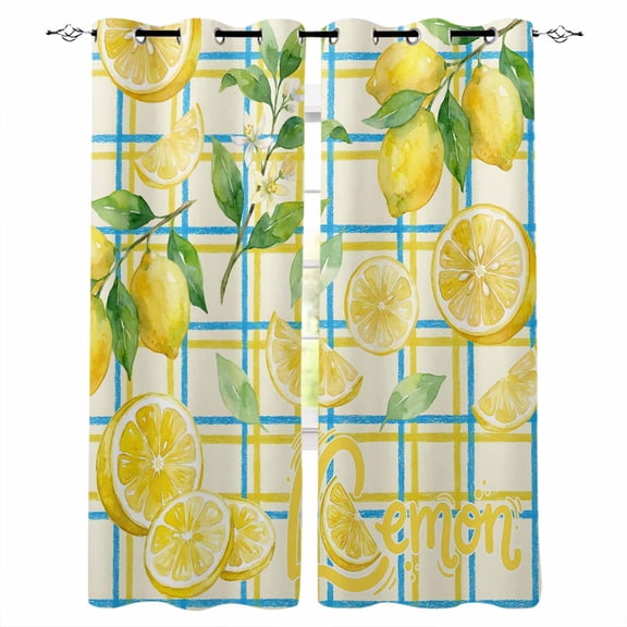 Watercolor Lemons Kitchen Curtains Summer Blue Yellow Checkered Geo Cafe Short Curtains for Bathroom Blackout Window Curtain Small Window Treatment Tier Drapes for Bedroom Living Room 27.5"x39"x2