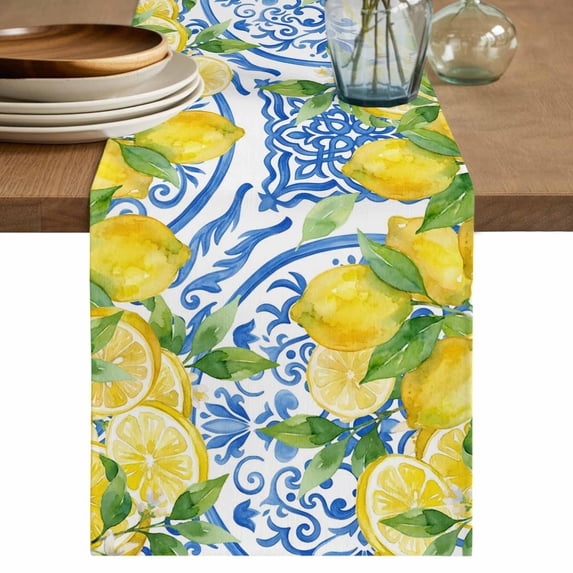 Watercolor Lemons Weeping Table Runner, Summer Blue Floral Washable Cotton Linen Table Runners 36 Inches Long, Dresser Scarf Runner for Nightstand/End Tables/Round Tables 13''x36''
