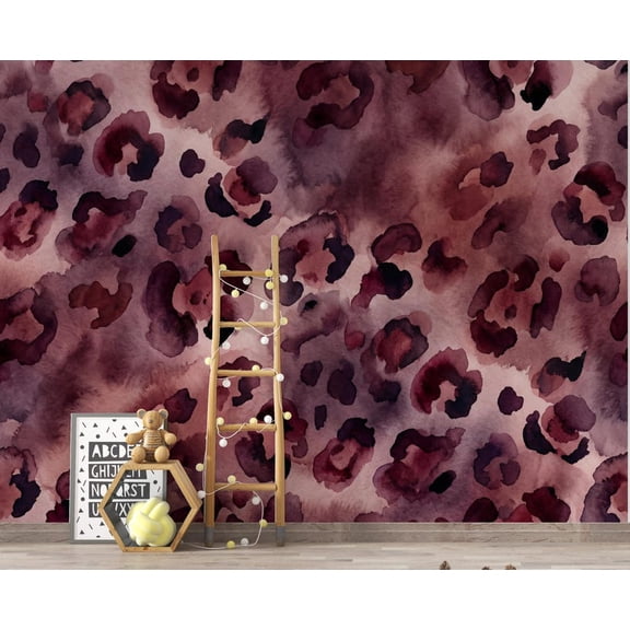 Watercolor Leopard Print Peel and Stick Wallpaper Mural, Removable Mauve Animal Print Wall Mural for Bedroom Living Room Office, Boho Modern Wall Decor