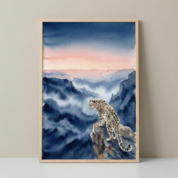Watercolor Leopard Wall Art Snow Leopard Print Nature Landscape Decor Wildlife Illustratio
