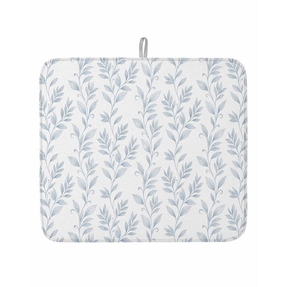 Watercolor Light Blue Botanical Leaf Dish Drying Mats for Kitchen Counter,Absorbent Microfiber Dish Drainer Rack Mat Spring Seamless Leaves Drying Pad for Sinks,Utensils,Countertops,16x18in