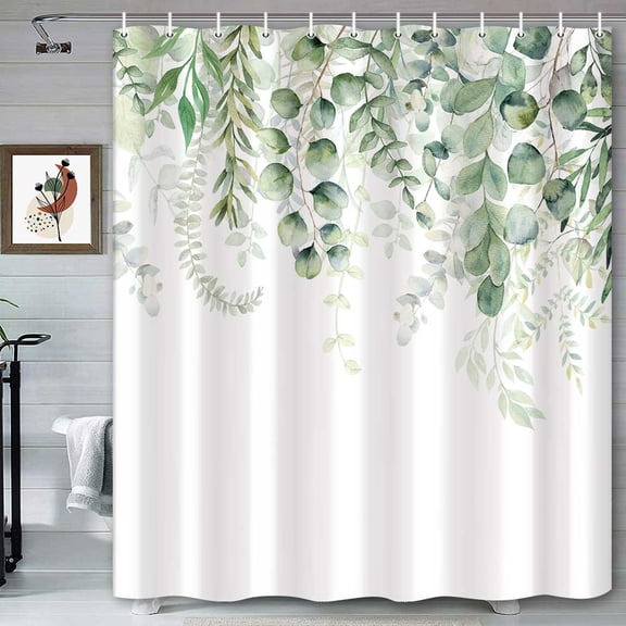 Watercolor Light Green Plant Shower Curtain, Eucalyptus Leaves Botanical Leafy Nature Shower Curtain Sets, Waterproof Durable Fabric Bathroom Accessories Bath Curtain with Hooks