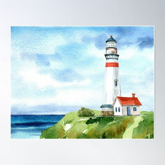 Watercolor Lighthouse Coastal Landscape Poster Wall Art, Modern Wall Decor For Living Room Bedroom, 12x18 UNFRAMED