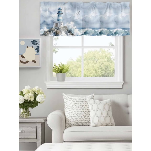 Watercolor Lighthouse Ocean Wave Valances for Windows,Kitchen Valance Rod Pocket Short Curtain, Marine Coastal Cloud Sky Valance Curtain Window Valances for Bedroom Bathroom Living Room 60x18in