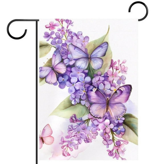 Watercolor Lilac Butterflies Garden Flag Double Sided House Flag for Outdoor Home, Personalized All Year Round Yard Decor 12 x 18 Inch