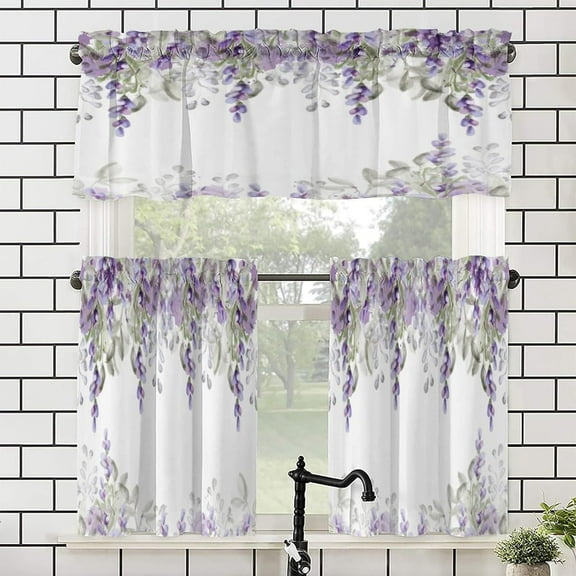 Watercolor Lilac Flower Kitchen Valances Set Tier Curtains,Rustic Farmhouse Spring Garden Floral Lilac 3 Piece Set Rod Pocket Window Drapes for Bedroom,1 Valance(54"x18")+2 Tiers(27.5W x24L)