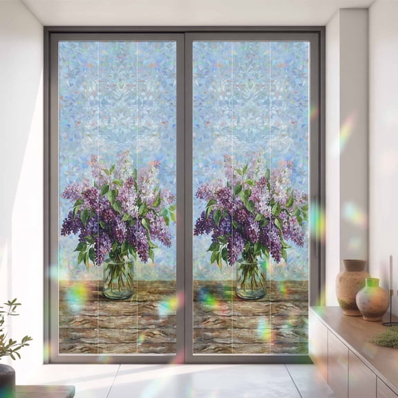 Watercolor Lilac Flower Vase Window Privacy Film,Decorative Windows Static Cling Blossom Floral Leaves Wood Heat Control Removable Glass Sticker for Home Bathroom Bedroom Window Door,35x79in