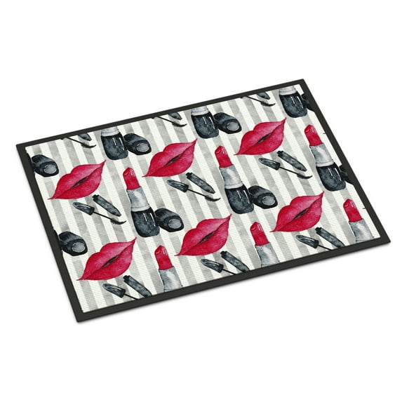 Watercolor Lipstick and Grey Stripes Doormat 24x36