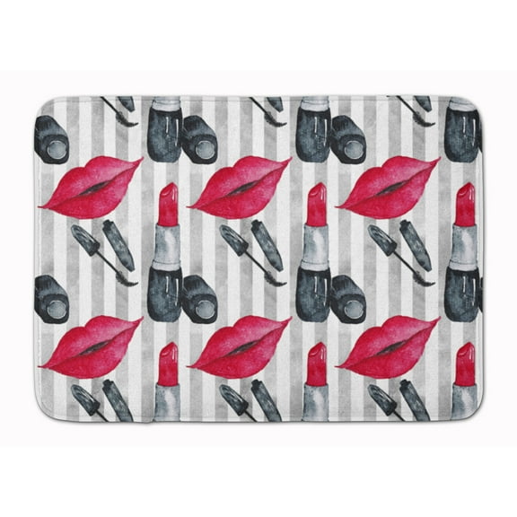 Watercolor Lipstick and Grey Stripes Machine Washable Memory Foam Mat
