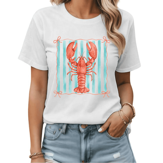 Watercolor Lobster Nautical Striped Graphic Tees Womans Tshirt Shirts S-5XL Tops