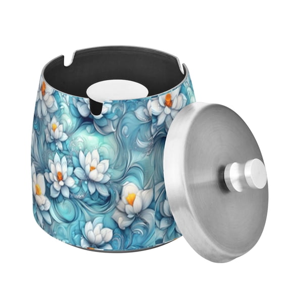 Watercolor Lotus Figure Ashtray with Lid Outdoor for Patio Stainless Steel Cigar Ashtray Odorless Smokeless for Home Office Balcony