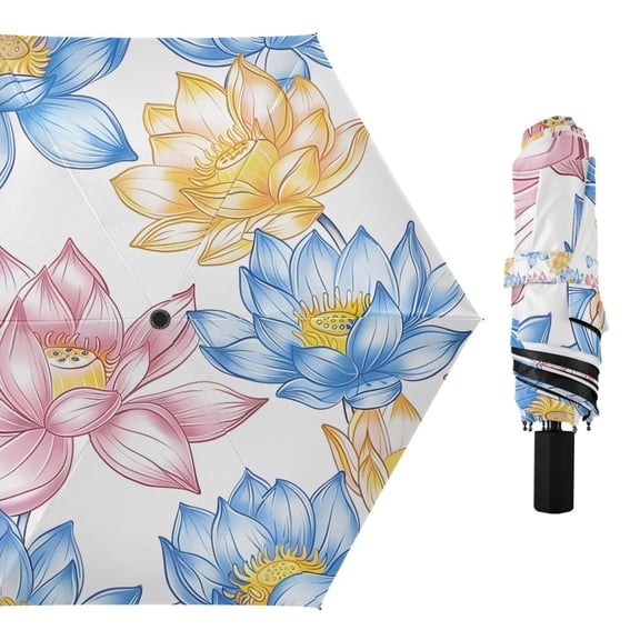 Watercolor Lotus Flower Compact Sun Umbrella Windproof Travel Umbrellas for Rain Strong Portable UV Protection