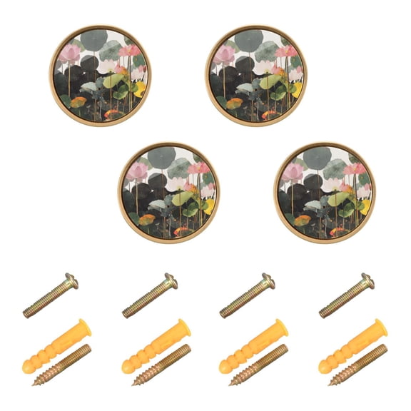 Watercolor Lotus Painting Cabinet Furniture Knobs Drawer Metal Pulls 1.26in Acrylic Zinc Alloy Dual Screw Set