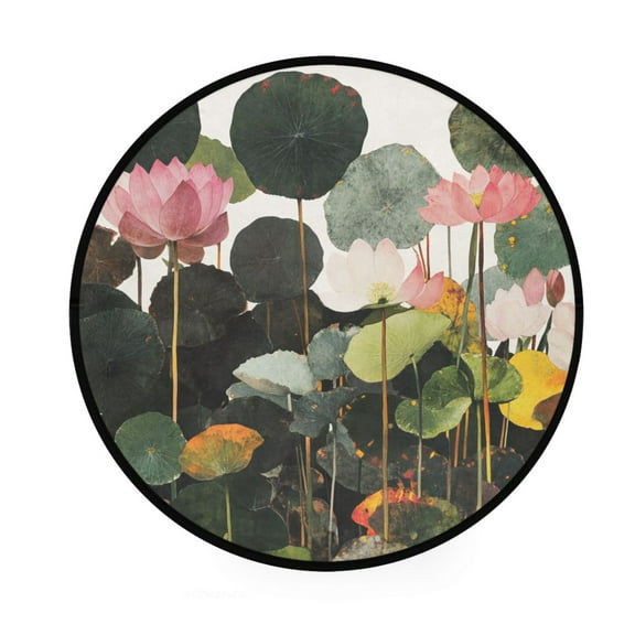 Watercolor Lotus Painting Memory Foam Bath Mat 36" Absorbent Rug with Non Slip Base and 4 Bonus Pads