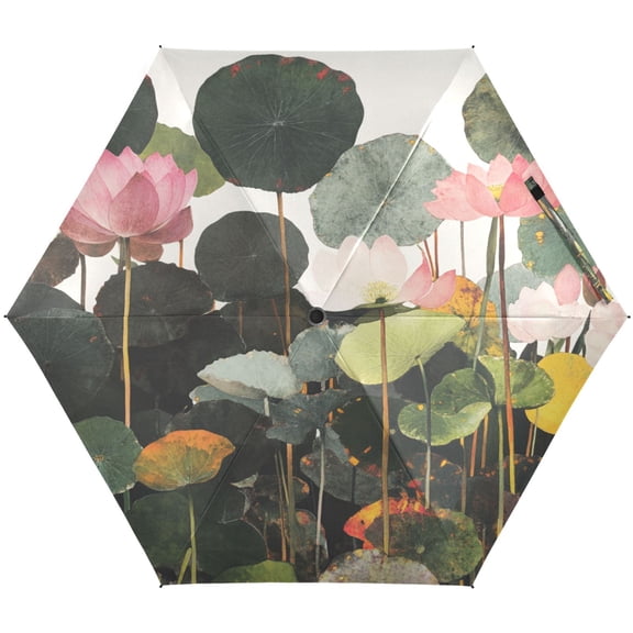 Watercolor Lotus Painting Umbrellas for Sun Auto Open Close UV50+ Waterproof 5-Fold Compact Fiberglass Frame