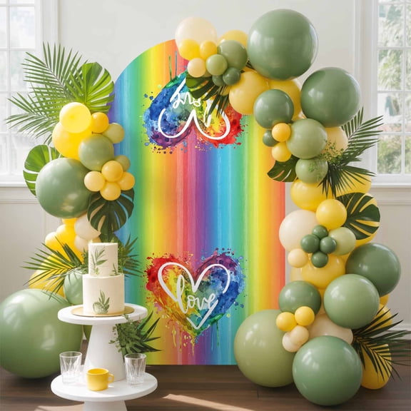 Watercolor Love Arch Backdrop Cover, 7.2FT, Heart Rainbow Striped Spandex Arch Covers Double-Sided Backdrop for Wedding Birthday Party Photo Background Decoration