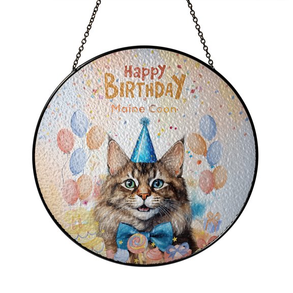 Watercolor Maine Coon Happy Birthday Celebration Balloons Gift Party Stained Glass Suncatcher Cat Lover Kitten Owner Gifts Window Hanging Sign Decor - 00028