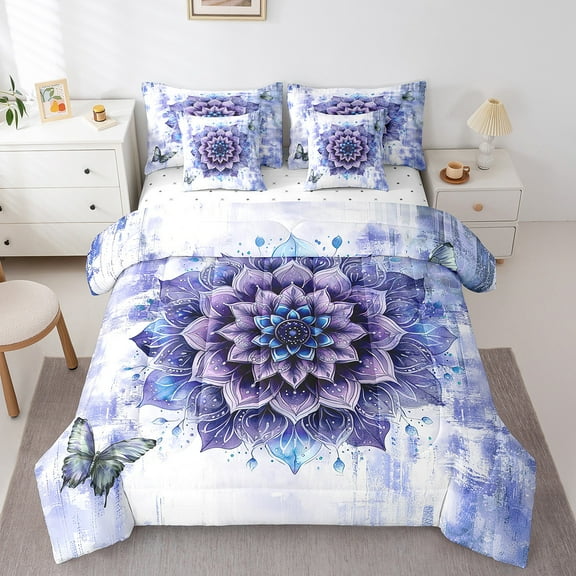 Watercolor Mandala Bed in a Bag 7-Piece Chic Flower Floral Bedding Set Women,Watercolor Oil Painting Queen Size Comforter Set Ombre Gradient Bedding Comforter Sets,Navy Blue Bed Set