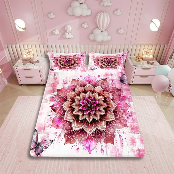 Watercolor Mandala Bed Sheets Set Chic Flower Floral Twin Sheet Set for Girls Women,Watercolor Oil Painting Sheets Ombre Gradient Bed Set,Pink Flat Sheet