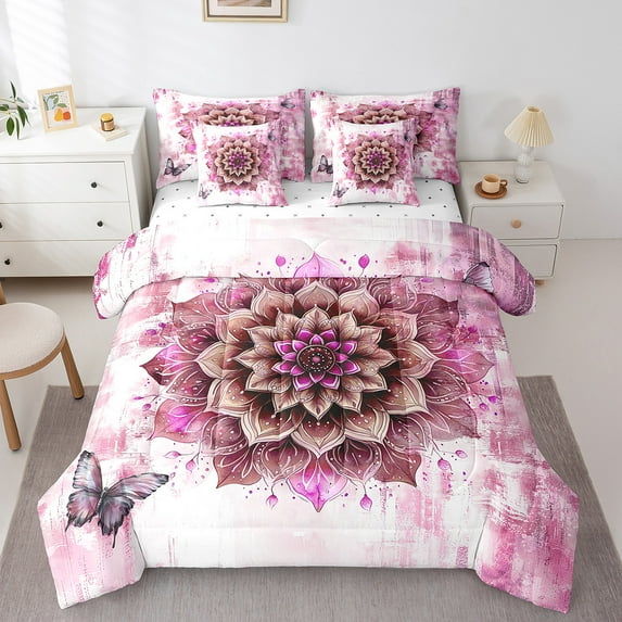 Watercolor Mandala Full Comforter Set 7 Pieces Chic Flower Floral Bedding Comforter Sets Women,Watercolor Oil Painting Bed in a Bag Ombre Gradient Bedding Set,Pink Bed Sheets Set