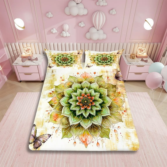 Watercolor Mandala King Size Sheet Sets Chic Flower Floral Bed Sheets Set for Girls Women,Watercolor Oil Painting Sheets Ombre Gradient Bedding,Mid Century Fitted Sheet