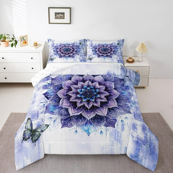 Watercolor Mandala Queen Bedding Sets Chic Flower Floral Comforter Set Women,Watercolor Oil Painting Down Comforter Ombre Gradient Bedding Comforter Sets,Navy Blue Duvet Insert