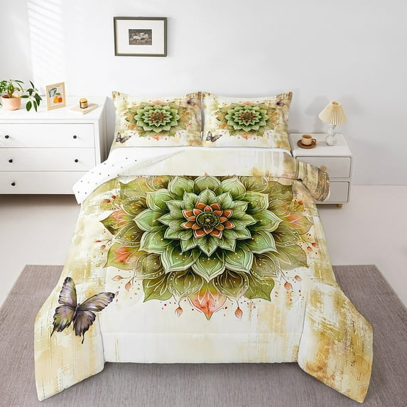 Watercolor Mandala Comforter Set Chic Flower Floral Bedding Set Women,Watercolor Oil Painting Down Comforter Ombre Gradient Bed Set,Mid Century Quilted Duvet