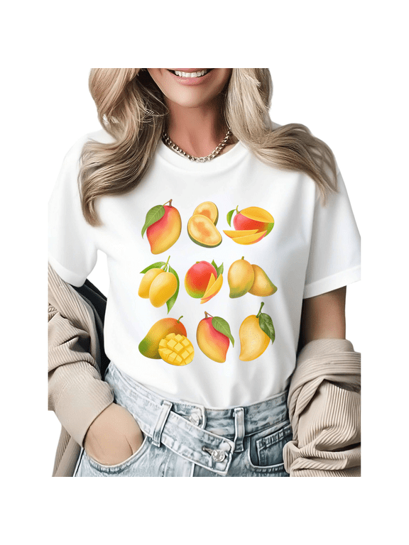 Watercolor Mango Cluster Graphic Tees Womans T-shirt Black/White S-5XL Shirts Tropical Fruit Tops