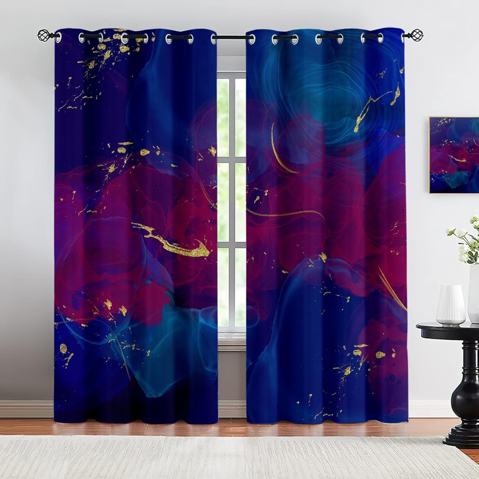 Watercolor Marble Living Room Blackout Curtains, Blue Red Abstract Gold