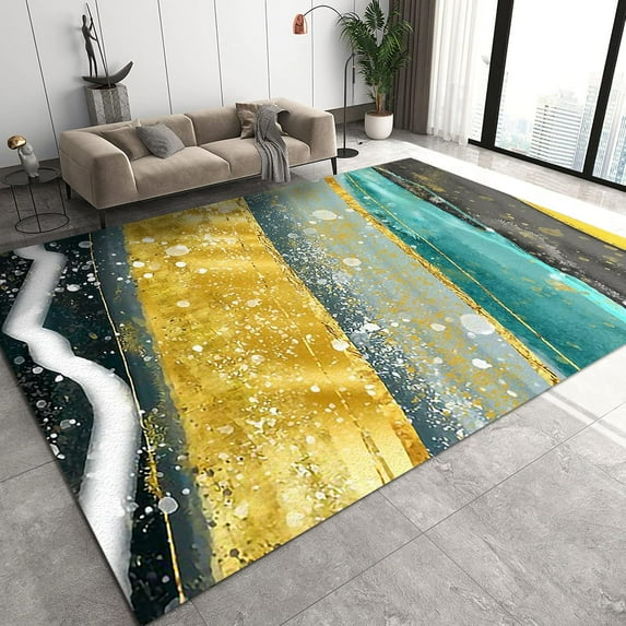 Watercolor Marble Modern Area Rugs, Yellow Green Symmetrical Striped Graffiti Bedroom Rug, Non-Slip Rug Durable Enough Soft Texture Apply to Office Family and Pet Farmhouse 5x7ft