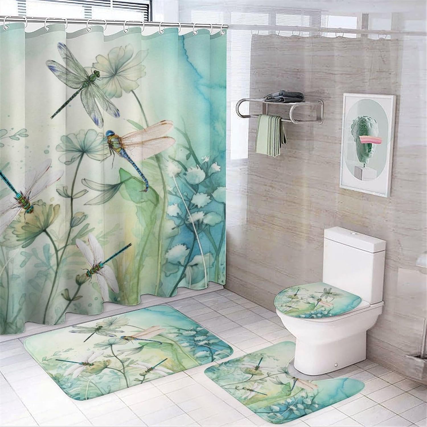 Watercolor Marble Pattern Dragonfly Florals 4 Pcs Waterproof Shower ...