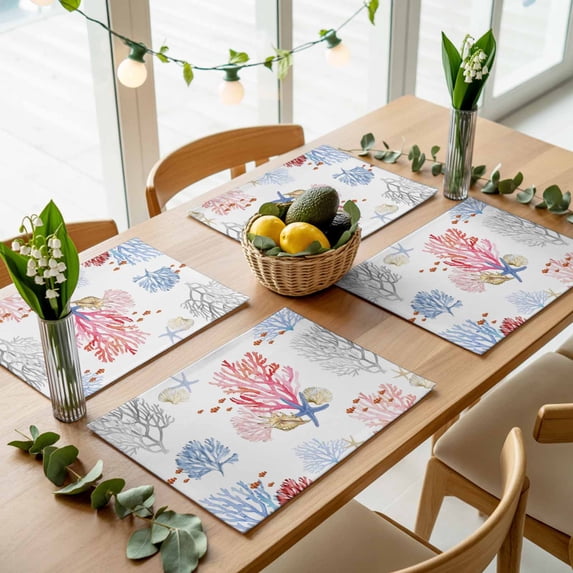 Watercolor Marine Life Coral Conch Placemats Set of 4,Wipeable Washable Table Mats for Dining Tables, Ocean Theme on White Place Mats for Kitchen Event Party Tabletop Decor