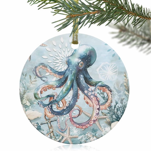 Watercolor Marine Life Octopus Christmas Ceramic Ornament 2025,3" Round Xmas Tree Hanging Accessories with Gold Ribbon