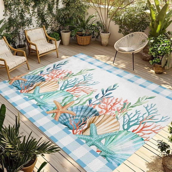 Watercolor Marine Life Outdoor Rug for Patio/Deck/Porch, Non-Slip Large Area Rug 3 x 5 Ft, Ocean Corals Shells Starfish Blue Plaid Indoor Outdoor Rugs Washable Area Rugs, Camping Rug Carpet Runner