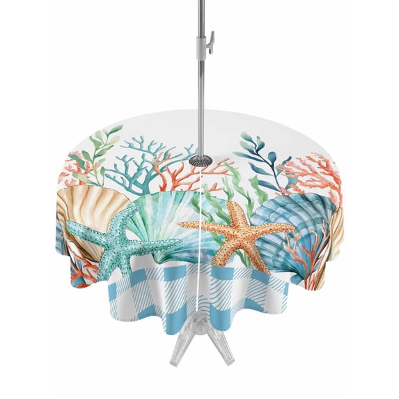 Watercolor Marine Life Outdoor Tablecloth - 54 Inch Round Dining Table Cover, Ocean Corals Shells Starfish Blue Plaid Waterproof Outdoor Table Cloth with Umbrella Hole & Zipper for Picnic/Patio/Party