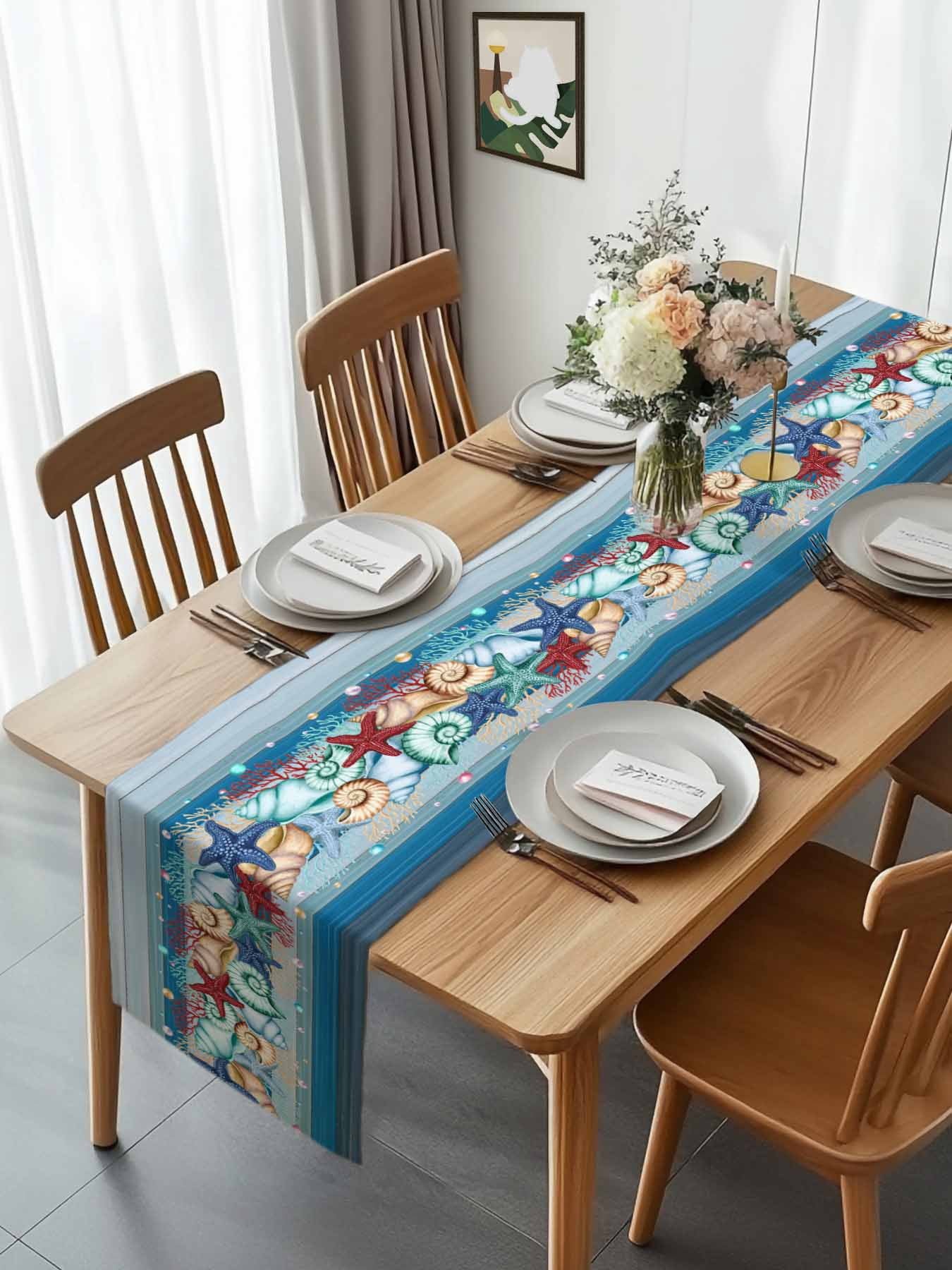 Watercolor Marine Life Starfish Table Runner 90 Inches Long, Blue Wood Grain Table Runners Tabletop Scarf Kitchen Dining Tables Decoration for Home Party Indoor Outdoor