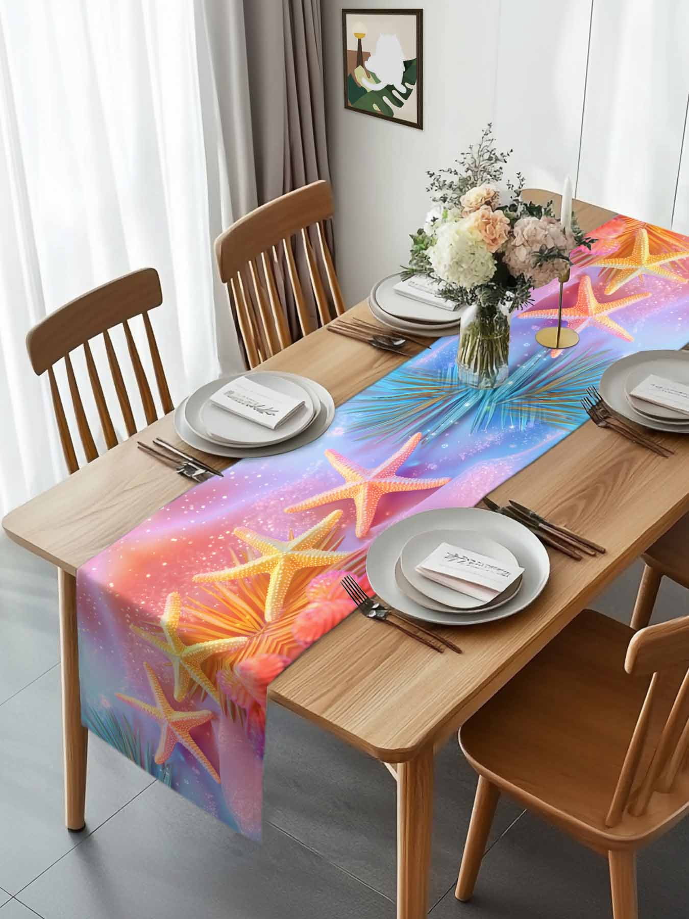 Watercolor Marine Life Table Runner 90 Inches Long, Gradient Coastal Starfish Shell Beach Table Runners Tabletop Scarf Kitchen Dining Tables Decoration for Home Party Indoor Outdoor