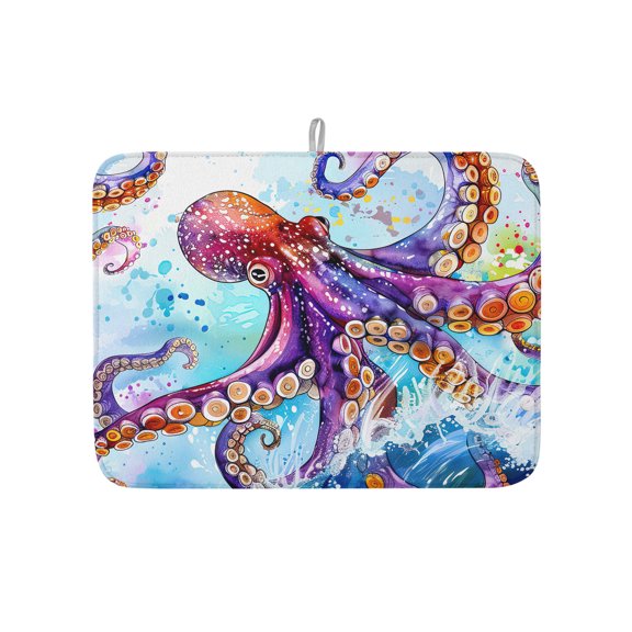 Watercolor Marine Octopus Dish Drying Mats for Kitchen Counter,Absorbent Microfiber Dish Drainer Rack Mat Ocean Huge Monster Surfing Drying Pad for Sinks,Utensils,Countertops,18x24in