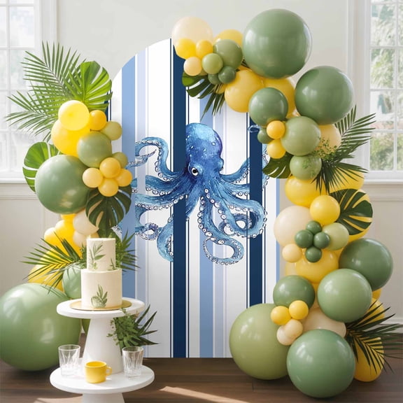 Watercolor Marine Octopus Monster Arch Backdrop Cover Stretchy Spandex Arch Cover 6ft, Blue Ombre Vertical Stripe Round Top Chiara Stand Covers for Wedding Birthday Party Ceremony Banquet