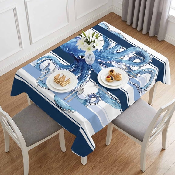 Watercolor Marine Octopus Monster Table Cloth 60x84in, Waterproof Rectangle Tablecloth Wipeable Tablecloths Blue Ombre Vertical Stripe Table Covers for Dining Tables Party Indoor Outdoor
