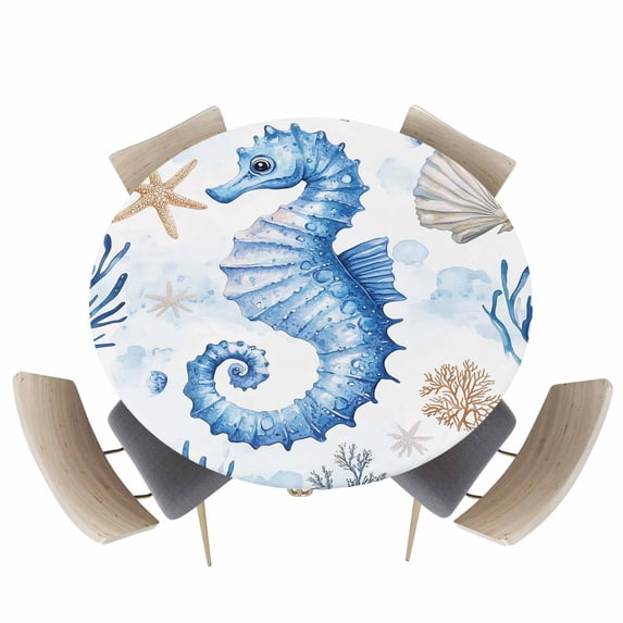 Watercolor Marine Seahorse Seaweed Fitted Round Tablecloths Elastic Edged Table Covers 55"-60",Ocean Starfish Shell Coral Waterproof Dining Room Kitchen Table Cloth for Holiday Party Tables Decor