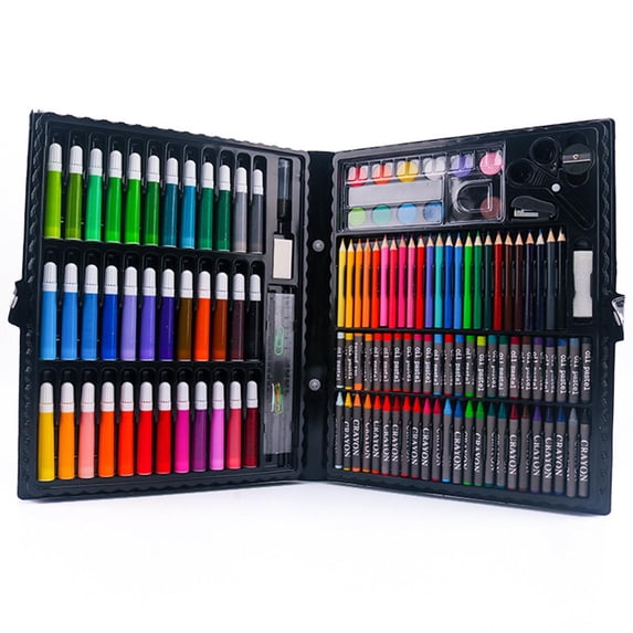 Watercolor Marker Pen Set, 150-Piece Art Supplies Kit for KidsAdults, Portable Plastic Box with Watercolor Pens Crayons Oil Pastels Sketchpad Complete Painting Drawing Kit, Black