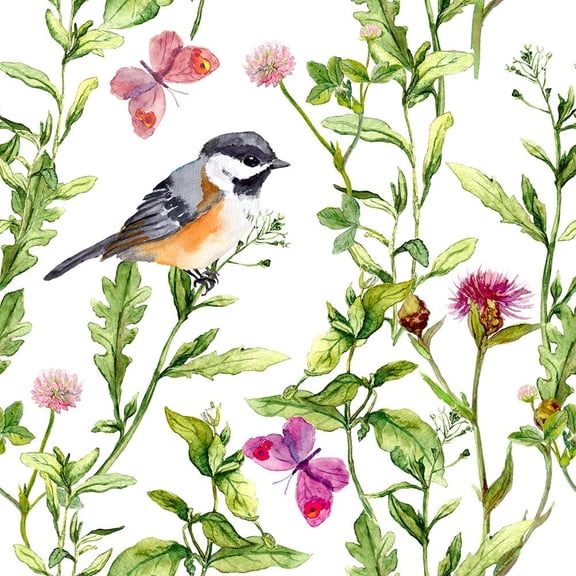 Watercolor Meadow Green Grass Leaf Flowers Plants Birds Purple Butterfly Peel and Stick Wallpaper Stick on Contact Paper Wall Paper Easy Peel Off for nightstand Drawer Cabinet Renter