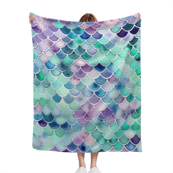Watercolor Mermaid Scaled Pattern Scallops Print Design Lightweight 50x60 Throw Blanket for Sofas, Home Decor, Travel, Lounging