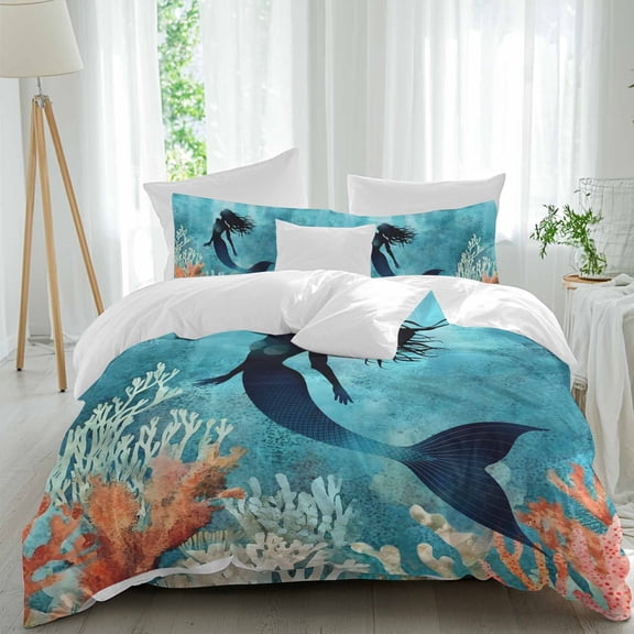 Watercolor Mermaid Silhouette Coral California King Size Bed Set,Undersea World Bedding for All Seasons,4 Pcs Bed Set with 1 Quiltcover (90"x106"),1 Sheet(94"x116"),2 Pillowcases (19"x35")