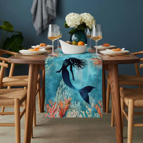 Watercolor Mermaid Silhouette Coral Table Runner-36 Inch Long Undersea World Table Runners Linen Burlap Tablerunner for Kitchen Dining Room Holiday Party