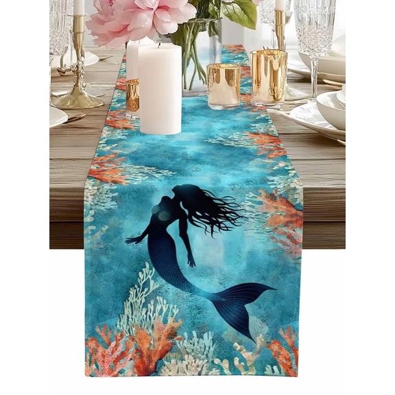 Watercolor Mermaid Silhouette Coral Table Runner-60 Inch Long Undersea World Table Runners Linen Burlap Tablerunner for Kitchen Dining Room Holiday Party