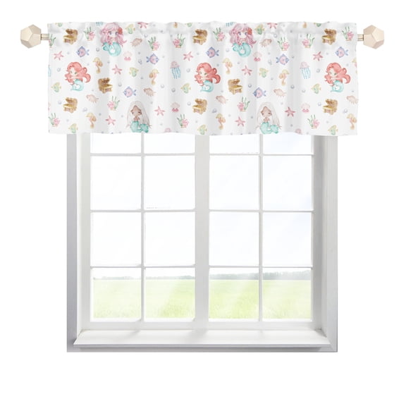 Watercolor Mermaids Window Valance 54''x18'' Sea Weed Starfish Ocean Treasure Rod Pocket Short Curtains Small Window Drape for Kid Playroom Bedroom Living Room Bathroom Kitchen