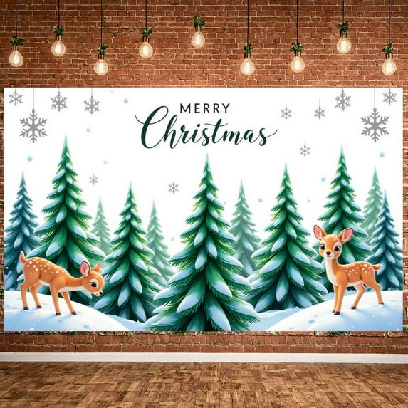 Watercolor Merry Christmas Banner Blue Theme Christmas Banner Reindeer Design Snowflake Decor Holiday Banner for Christmas Party Indoor Decoration Holiday Celebration