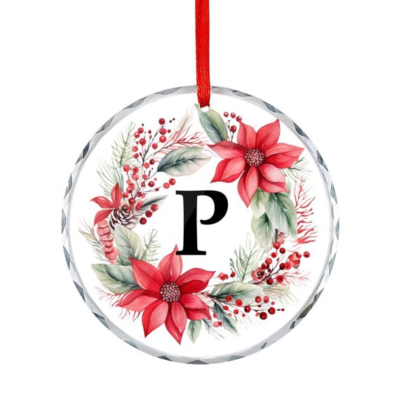 Watercolor Merry Christmas Wreath Crystal Glass Christmas Ornament Monogram Initial Letter with Floral Christmas Decorative Hanging Ornaments Xmas Tree Decor for Kids Mom Dad Friends Loves